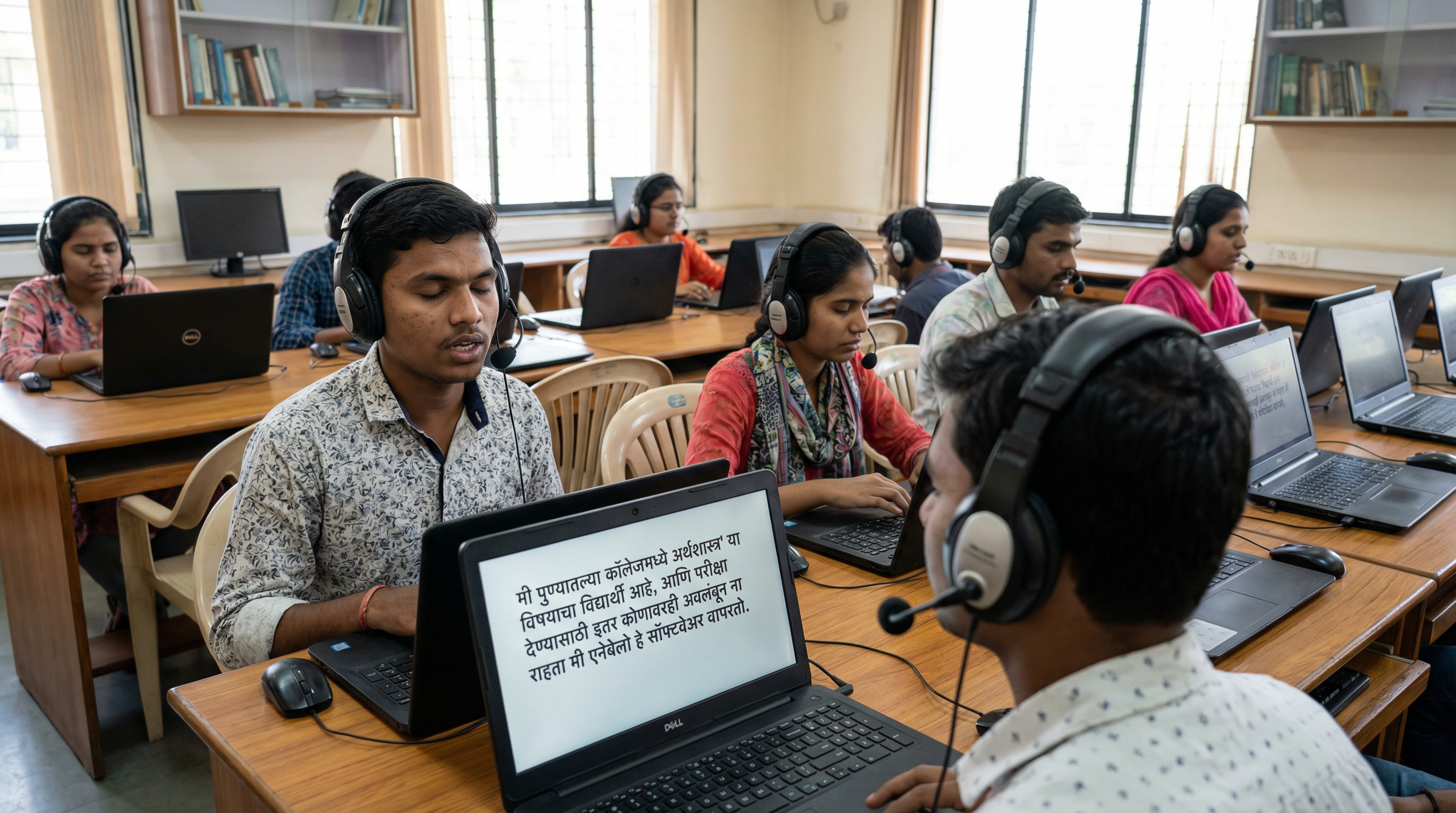 Students using Enabelo Apps with AI-powered voice technology in a computer lab